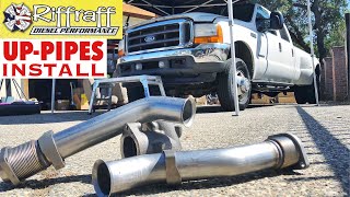 2001 F350 73  RiffRaff UpPipes Install  Stock up pipes leaking and falling apart JUNK SP [upl. by Rinee]